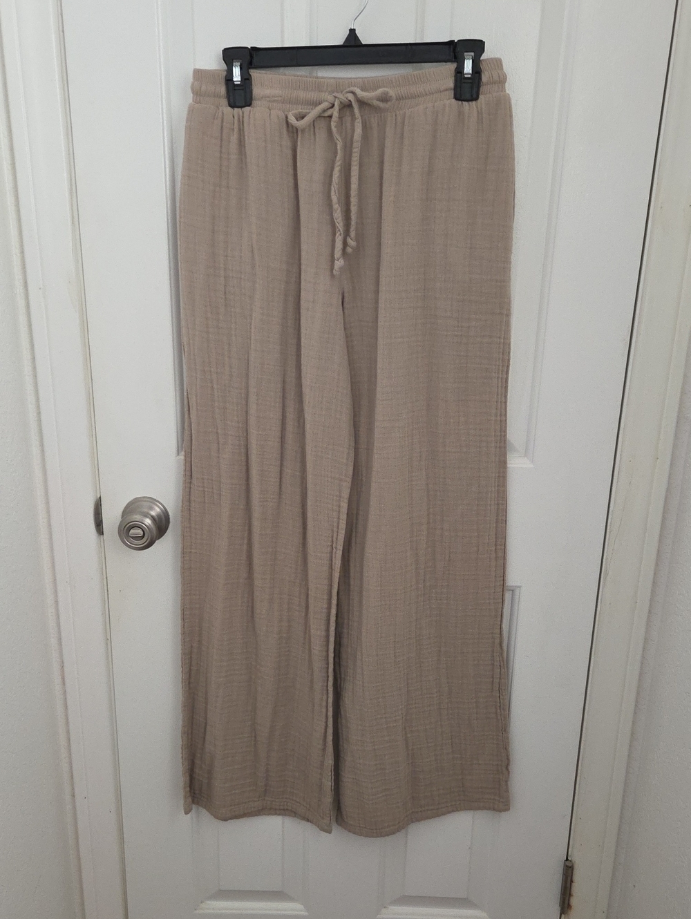 Lotus & Luna Women’s Wide-Leg 100% Cotton Drawstring Pants - Taupe Large
